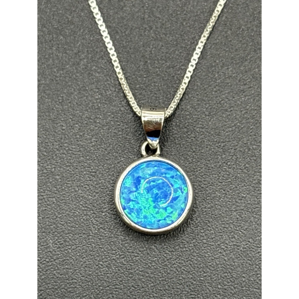 18" New Condition Sterling Silver Lab Blue Opal Solitaire Pendant Necklace